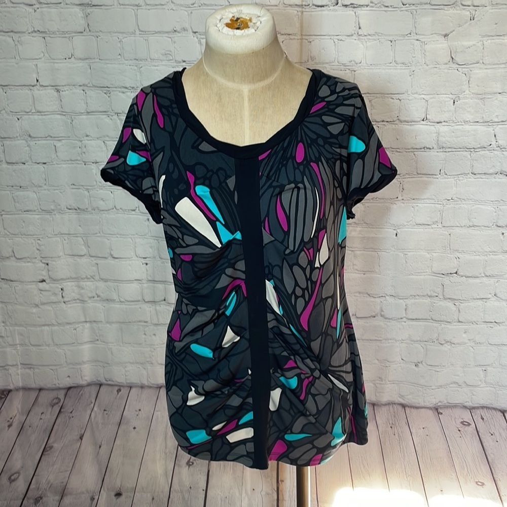 Nicole by Nicole Miller Abstract Butterfly Print Top Vintage Y2K Grey Teal L
